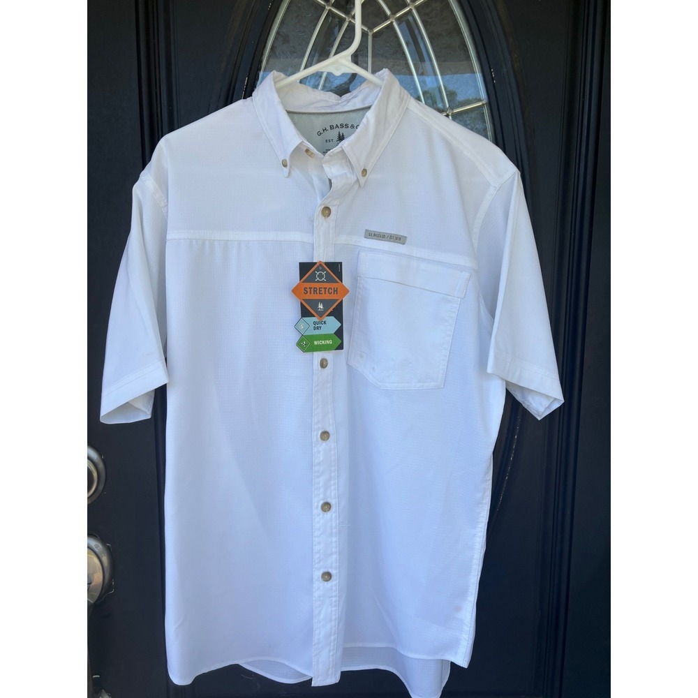GH Bass Mens Performance Short Sleeve Ripstop Shirt White Stretch Medium NEW